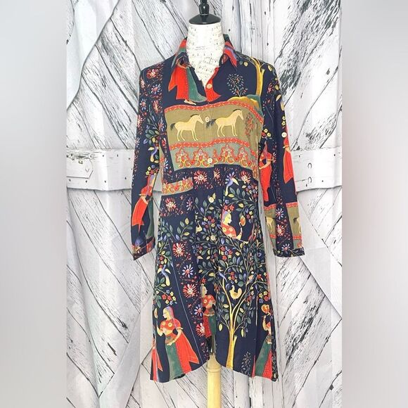 Xiang Xiang ethnic cotton long blouse/ dress with horses and tree of life M - Picture 1 of 8